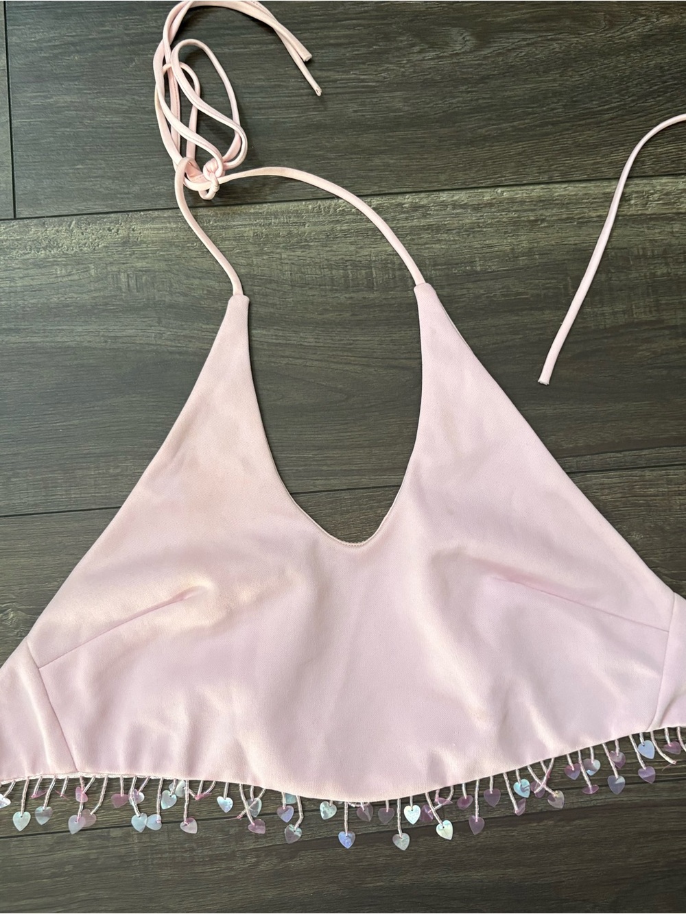 Lucy in the Sky Pink Halter Crop Top with Iridescent Heart Bead Fringe